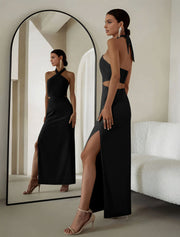 Maxi Cutout Halter Dress, Black