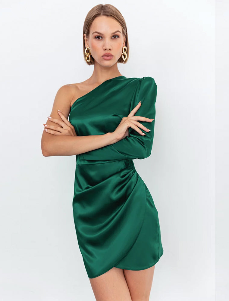 One Shoulder Pleated Asymmetric Mini Dress, Green