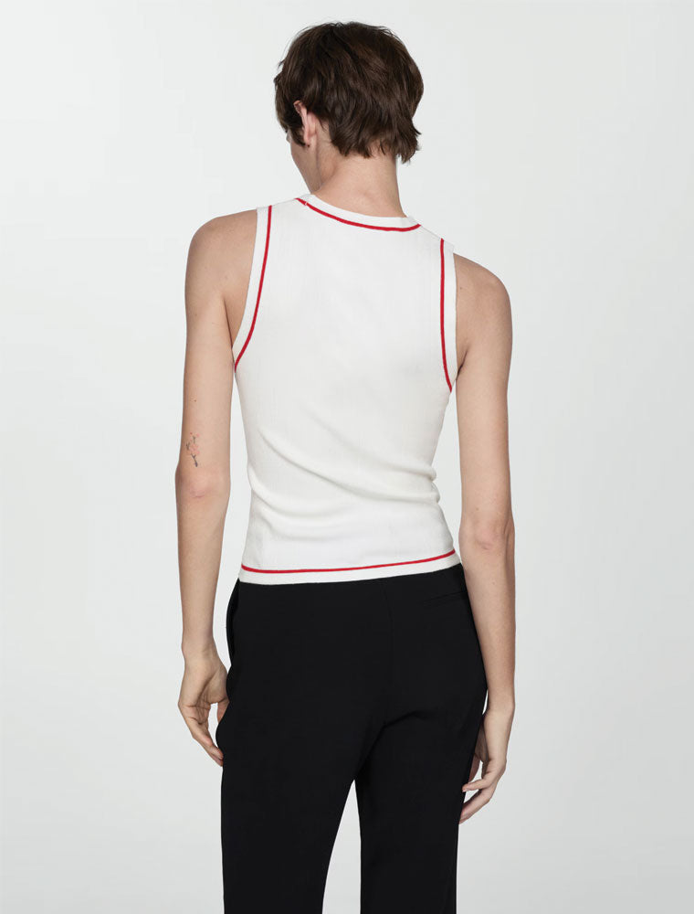 Red Detail Ribbed Tank Top, Off-White