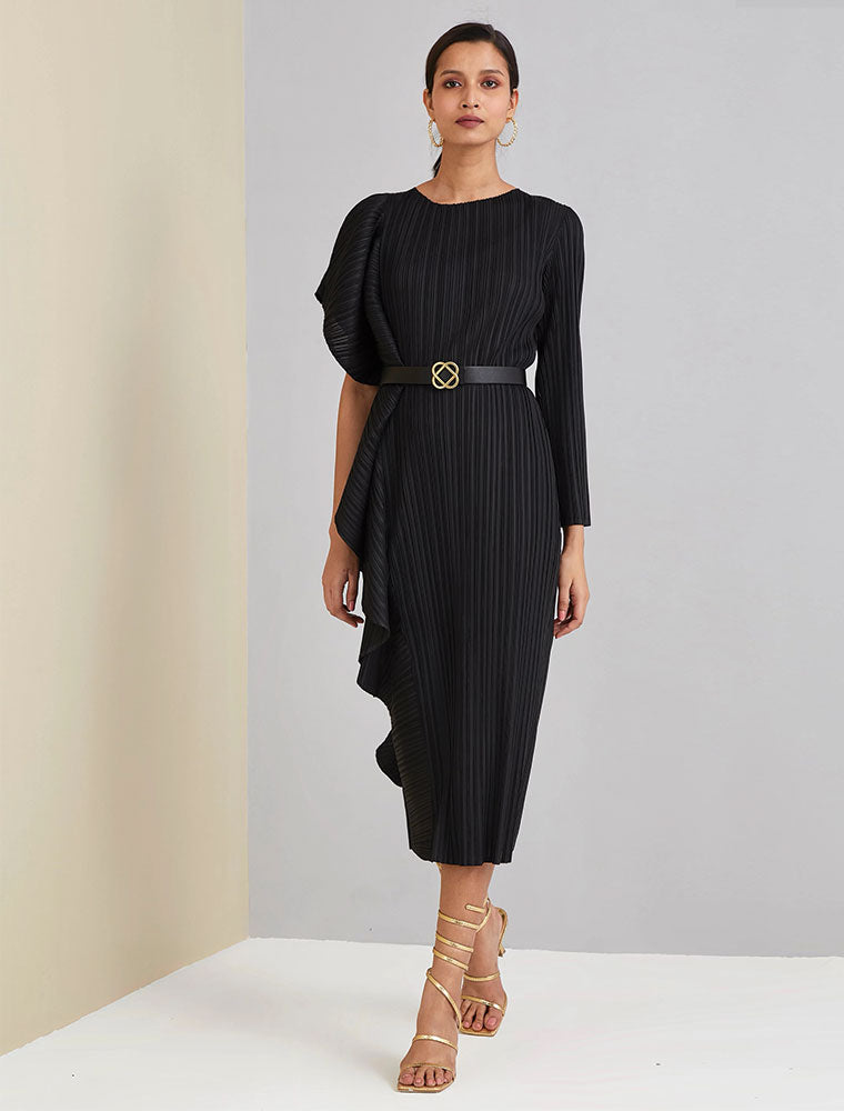 Serena Ruffle Draped Asymmetrical Dress, Green