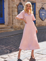 Short Loose Sleeve V-Neck Dress, Soft Pink