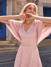 Short Loose Sleeve V-Neck Dress, Soft Pink