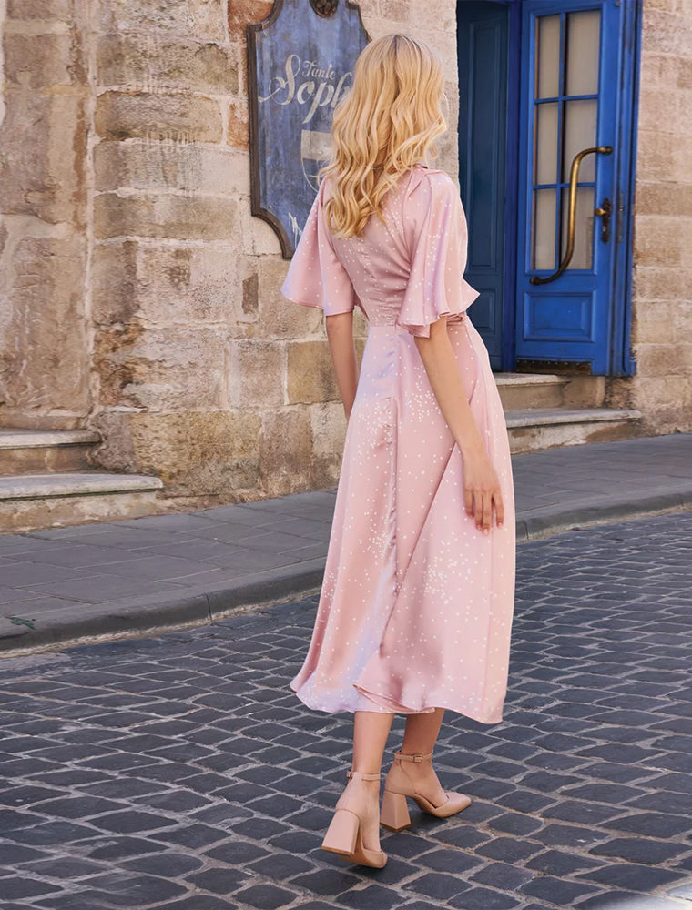 Short Loose Sleeve V-Neck Dress, Soft Pink
