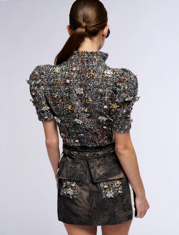 Tweed Mini Dress with Embellishments, Gray