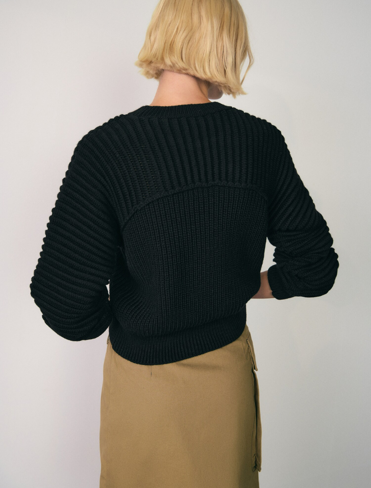 Shoulder Ribbed Crewneck Sweater, Black