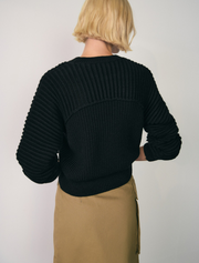 Shoulder Ribbed Crewneck Sweater, Black