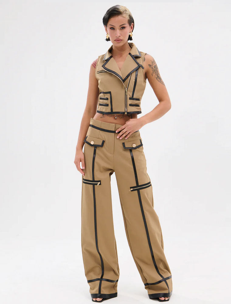 Vegan Leather Detail Vest, Beige