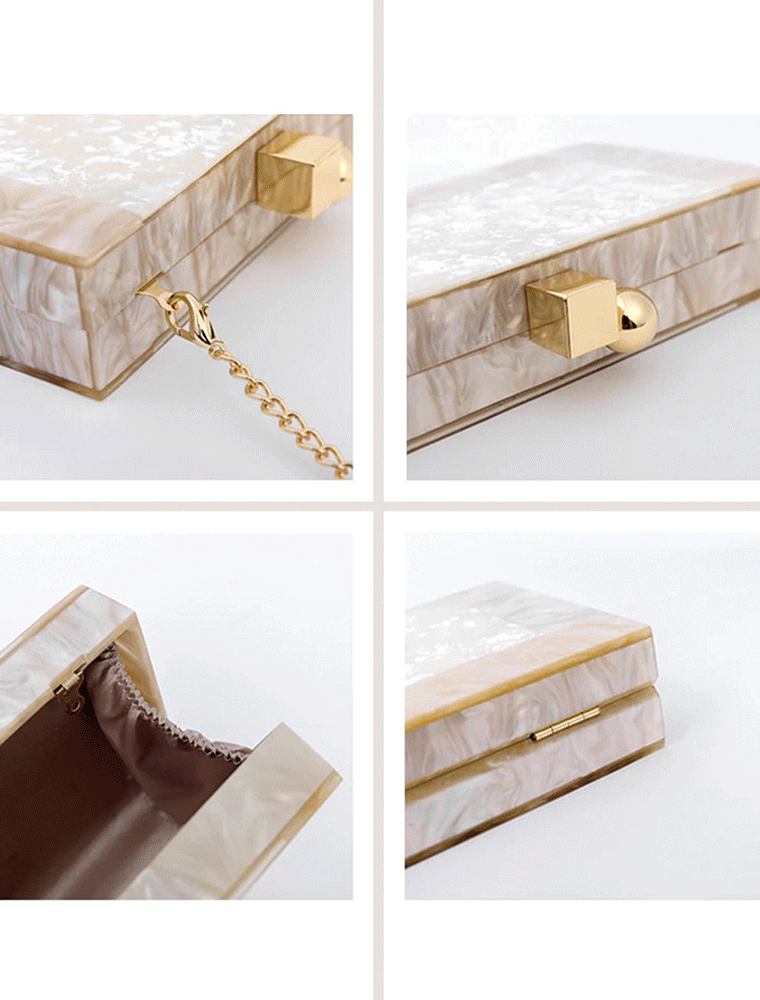 Rectangular Acrylic Clutch Bag with Metal Knobs, Pearl White / Beige