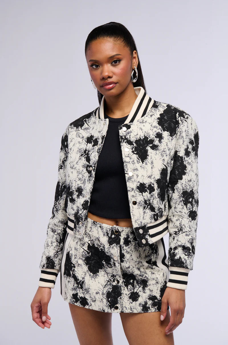 Floral Brocade Bomber, Black & White