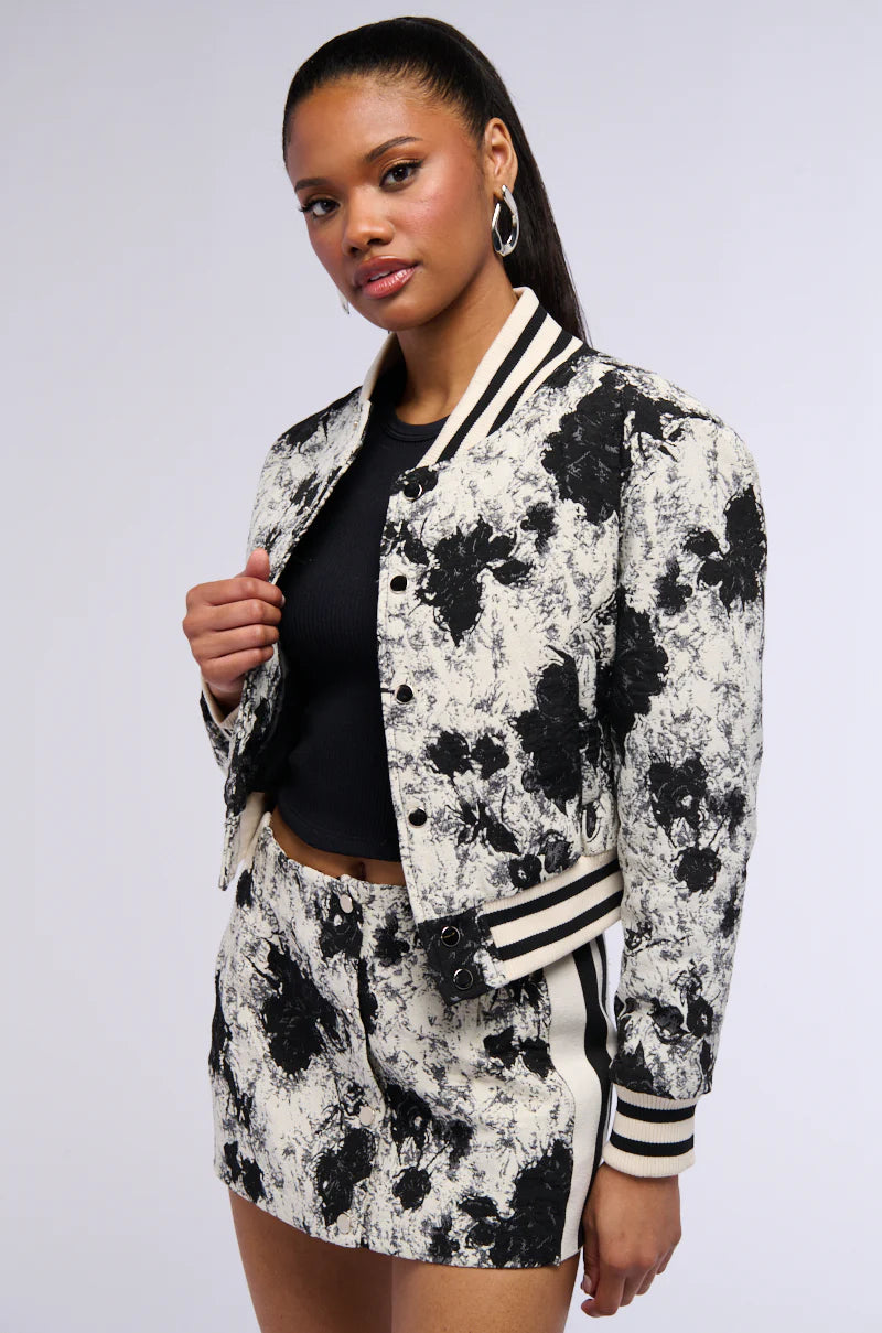 Floral Brocade Bomber, Black & White