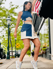 High-Neck Crop Denim Sleeveless Top, Blue/Beige