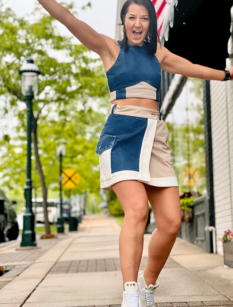 High-Neck Crop Denim Sleeveless Top, Blue/Beige