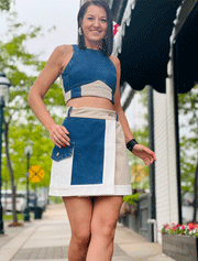 High-Neck Crop Denim Sleeveless Top, Blue/Beige