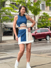 High-Neck Crop Denim Sleeveless Top, Blue/Beige