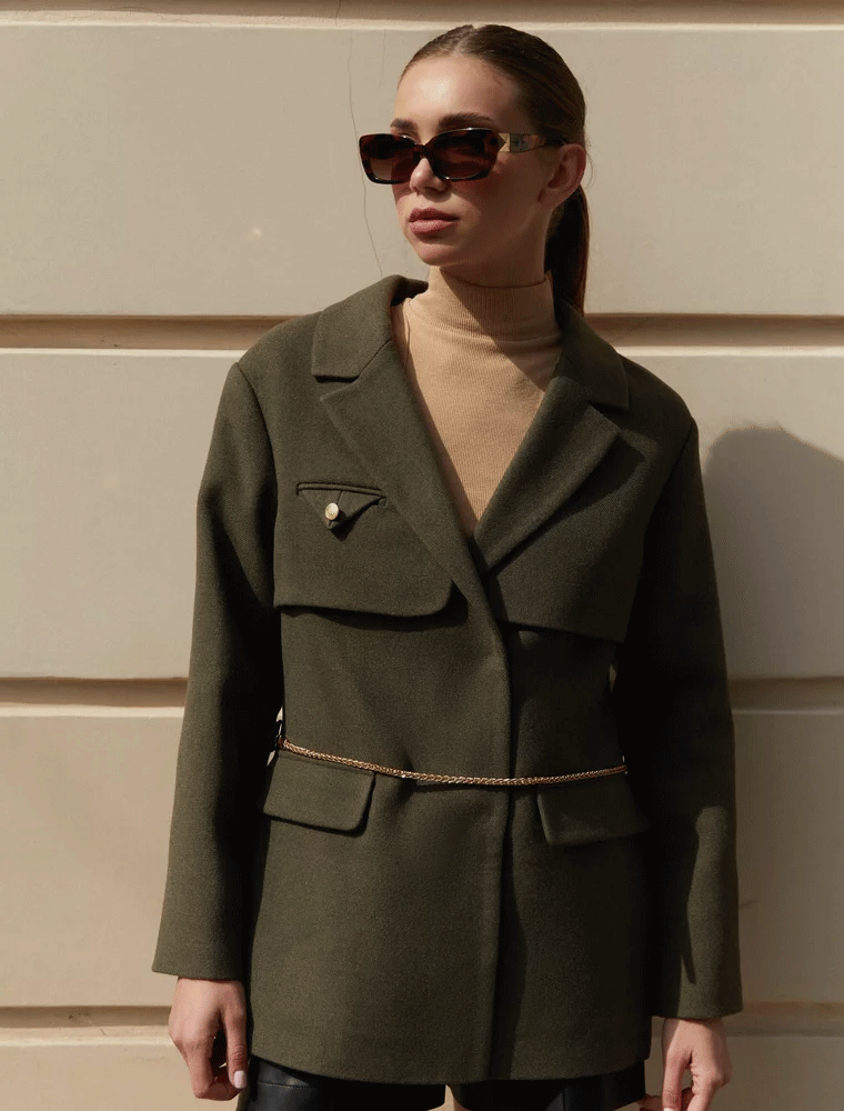 Utility Style Jacket with Belt, Army Green