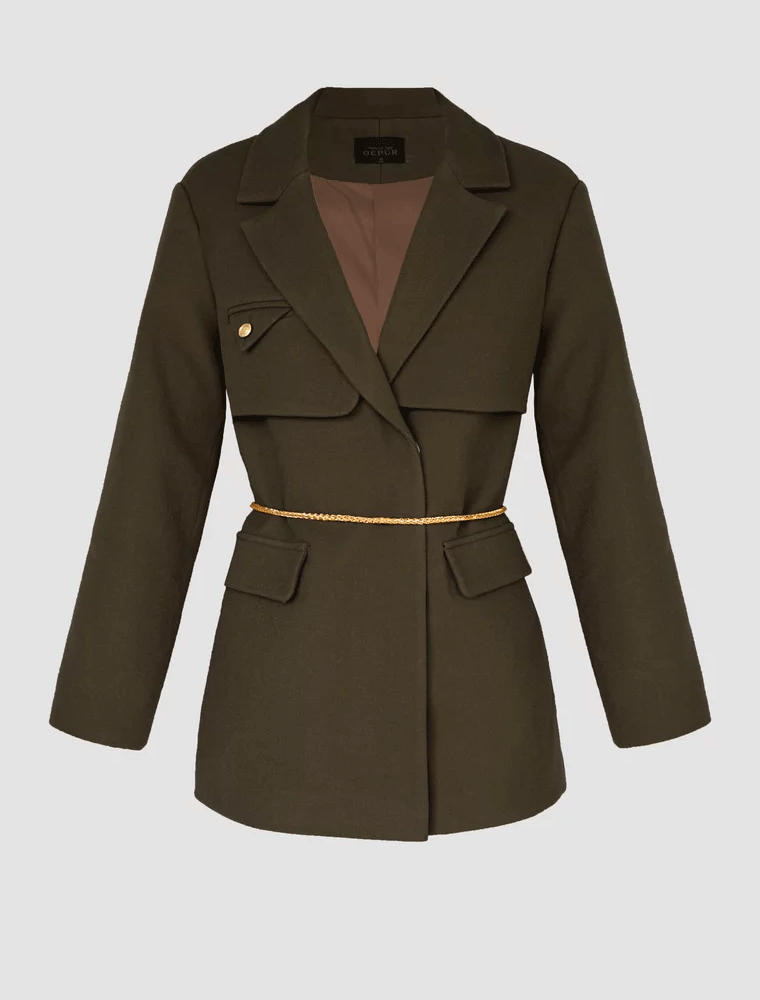 Utility Style Jacket with Belt, Army Green