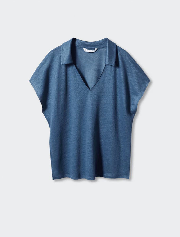 Casual Linen Polo Top, Blue