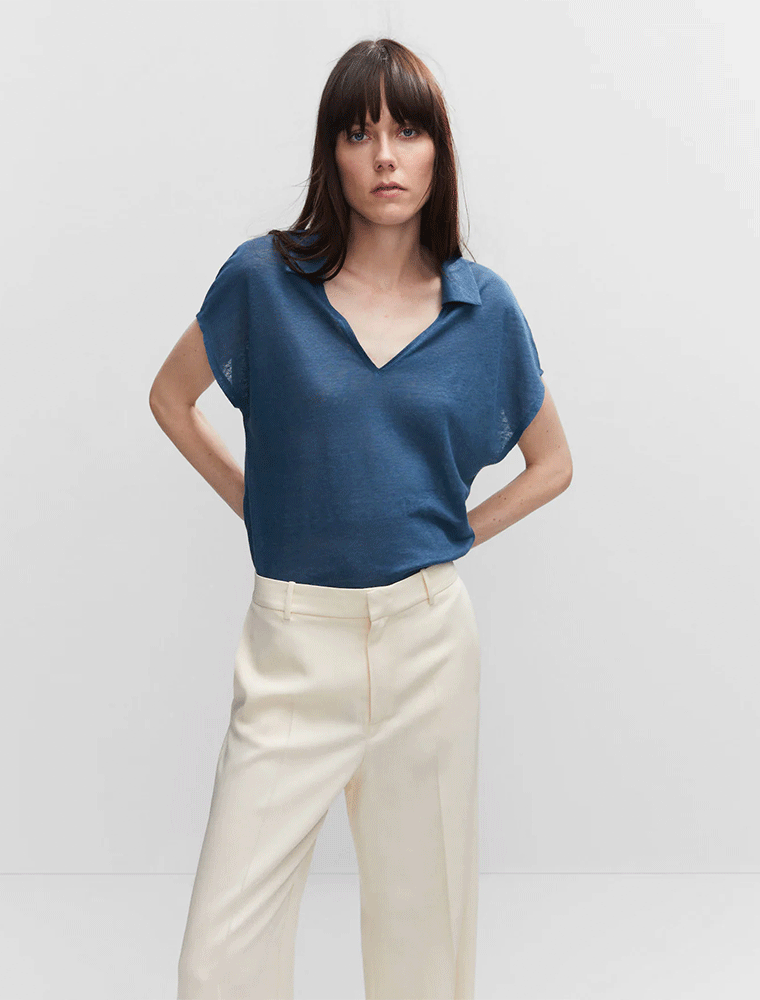 Casual Linen Polo Top, Blue