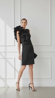Asymmetrical Shoulder Ruffle Cocktail Dress, Black