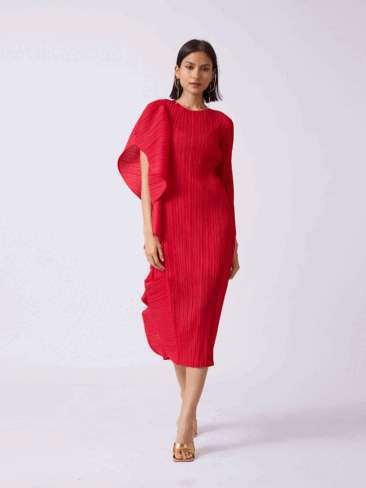 SCARLET SAGE // SERENA RUFFLE DRAPED ASYMMETRICAL DRESS, RED