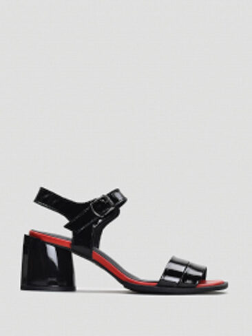 VITTO ROSSI // BLOCK CHUNKY HEEL SANDALS WITH RED TRIM, BLACK