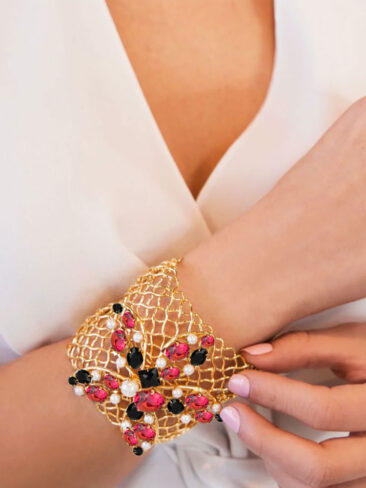 BOUNKIT // DOUBLE MESH CUFF WITH BLACK ONYX, FUCHSIA AND PEARLS