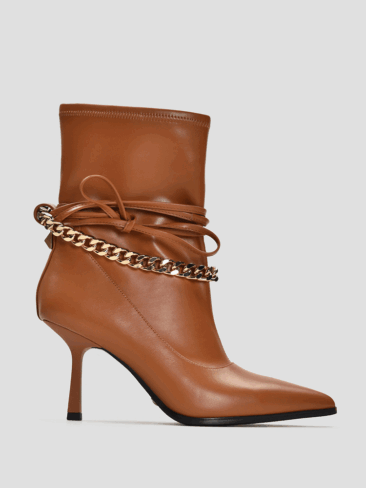 VITTO ROSSI // GOLD CHAIN DETAIL STILETTO HEEL ANKLE BOOTIES, BROWN