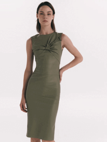 GEPUR // BODYCON TWIST FRONT MIDI LEATHER DRESS, ARMY GREEN