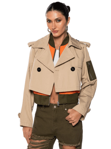 A.KOM // CROPPED TRENCH BOMBER, BEIGE/MULTI